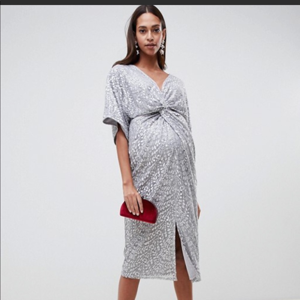 Sequin Knot Front Midi Maternity Dress